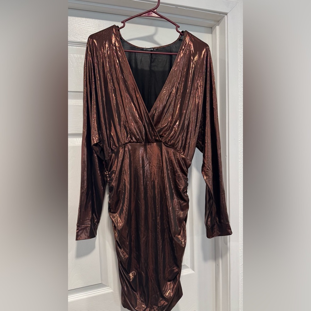 SHEIN Shiny Copper Long Sleeve Dress
